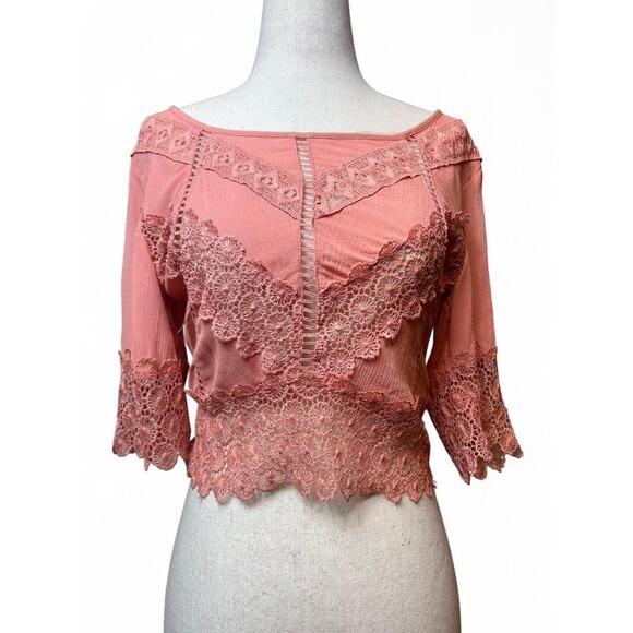 Self Esteem Sheer Floral Crochet Crop Top Sz M Waist Tie Boho Festival Summer - Picture 1 of 8